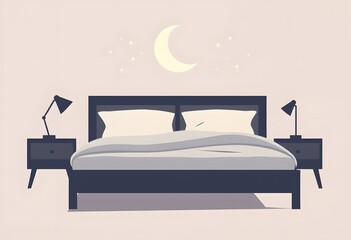 Flat Vector of Bed with Moon and Stars Representing Sleep Health Awareness