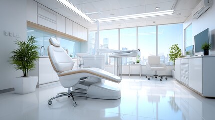 Modern dental clinic interior with bright natural light city view photography clean environment
