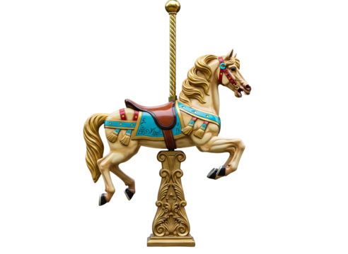 Ornate golden carousel horse with turquoise saddle isolated on transparent background