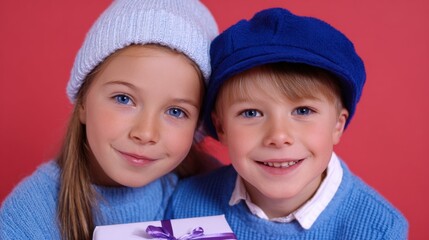 Two smiling children in blue sweaters and hats, holding a gift with a purple ribbon against a red background.