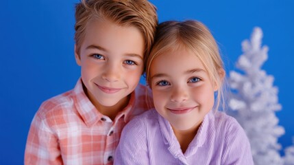 Two smiling children in pastel clothing pose against a blue background with a white Christmas tree, conveying joy and warmth.