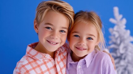 Two smiling children, a boy and a girl, embrace in front of a bright blue background with a snowy tree, capturing a joyful winter moment.