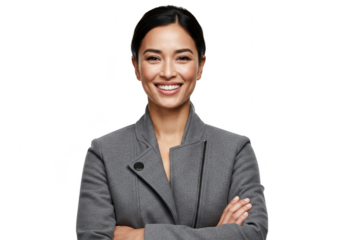 Smiling businesswoman in grey jacket arms crossed isolated on transparent background