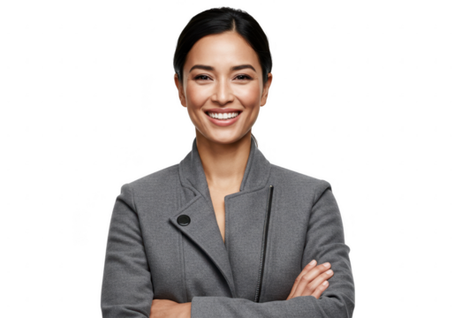 Smiling businesswoman in grey jacket arms crossed isolated on transparent background