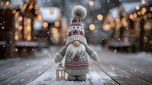 A cute gnome figurine in a winter setting, wearing a knitted hat and holding a lantern, surrounded by softly falling snow and festive lights.