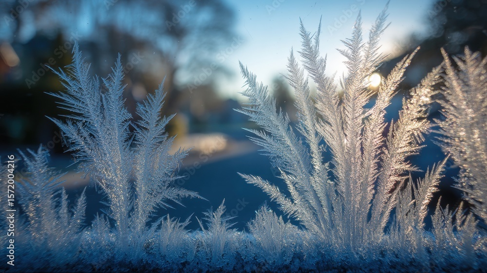 Wall mural close-up of intricate frost patterns on a window, illuminated by soft sunlight, with a blurred outdo