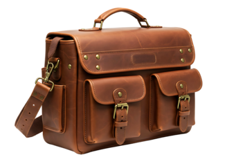 Classic brown leather satchel briefcase with brass hardware isolated on transparent background