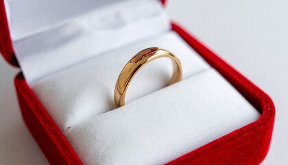 Golden ring placed on a satin miniature pillow in a red soft open box