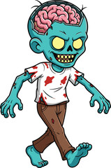 Cartoon zombie character with exposed brain, walking pose, blue skin, creepy smile, horror illustration, isolated vector for Halloween design