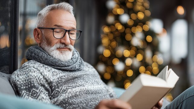 Elderly man in cozy sweater reading a book by a window, with a blurred Christmas tree in the background, creating a warm holiday atmosphere.