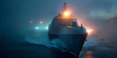 Navy ship maneuvering through fog atmospheric coastal marine photography