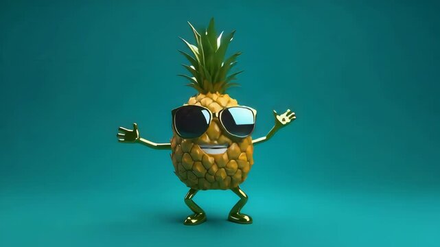 Playful Pineapple Character Dancing on Teal Background