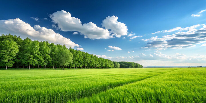 A vibrant green grassy field stretches towards a distant treeline under a bright blue sky with fluffy white clouds