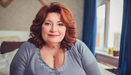 Warm portrait of a confident mature woman with long red hair at home smiling in Her cozy bedroom
