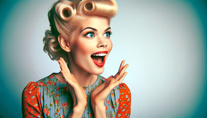 A glamorous retro-style woman with vintage blonde curls, vibrant makeup, and a joyful surprised expression in a floral dress. Fashion, beauty, nostalgia, lifestyle. Pop culture.