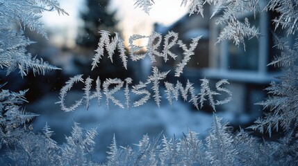 Frosty window with "Merry Christmas" written in ice, surrounded by intricate ice patterns, capturing a winter holiday theme.