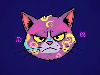 Fototapeta premium Vibrant, whimsical illustration of a cartoon grumpy cat adorned with abstract, swirling neon patterns in pastel hues of pink, blue, and yellow, set against dark blue or purple background
