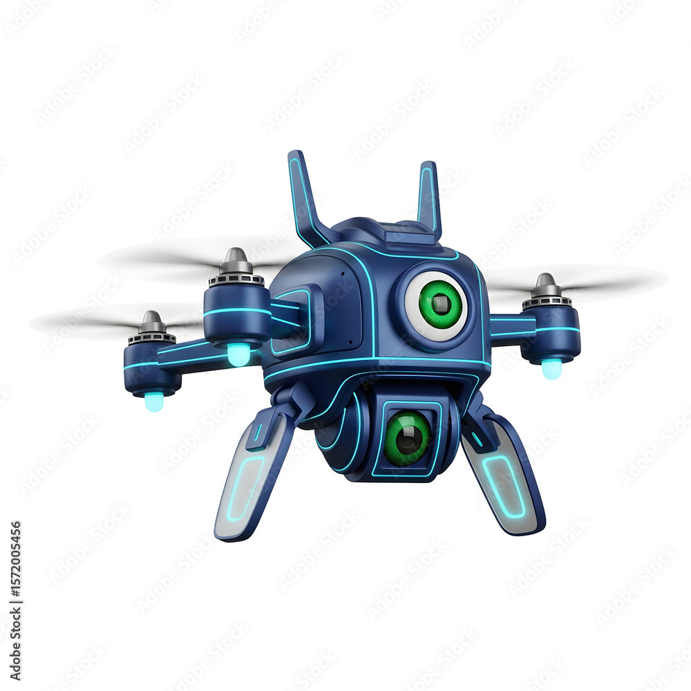 Poster futuristic drone with a large eye-shaped lens and multiple cameras in a transparent background. it h