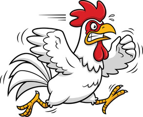 Funny cartoon chicken running fast with angry face, white rooster illustration, comic poultry escape, farm animal humor clipart
