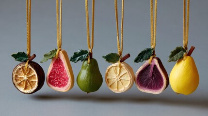 Hanging decorative fruit ornaments with gold strings, showcasing vibrant colors and textures, set against a neutral background.