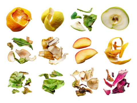 Colorful Fruit and Vegetable Scraps on Transparent Background, PNG