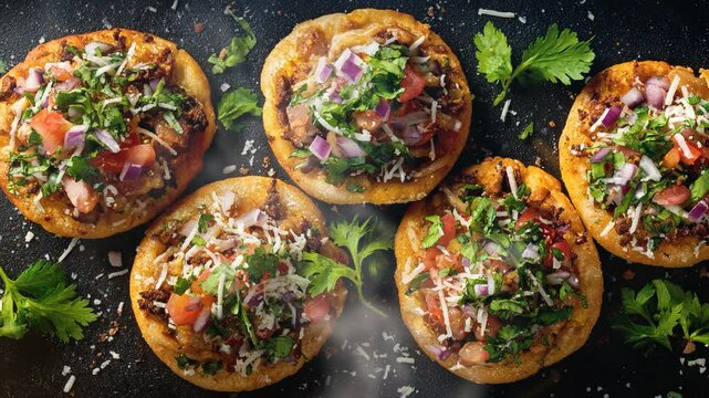 Sopes in top view on dark background with smoke