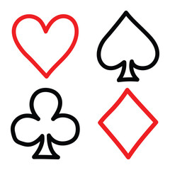 Playing card suits icon set. Hand-drawn doodle style vector symbols of heart, spade, club, and diamond for casino, poker, and game design. Illustration, isolated.