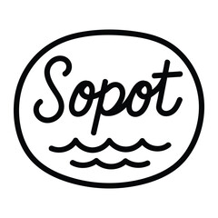 Sopot logo icon. Hand-drawn doodle style vector illustration of city name with sea waves symbol for travel, tourism, and beach design. Isolated.