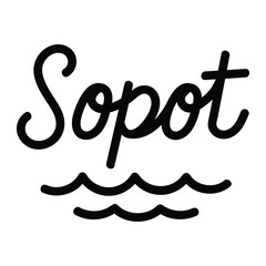 Sopot logo icon. Hand-drawn doodle style vector illustration of city name with sea waves symbol for travel, tourism, and beach design. Isolated.