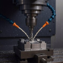 CNC milling machine processing on steel with cooling