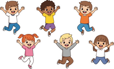 Happy diverse cartoon kids jumping with joy, cheerful children vector, playful group illustration, smiling boys and girls, fun childhood moment