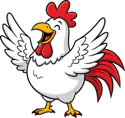 Happy cartoon rooster with red tail feathers laughing joyfully, funny farm animal character illustration, cheerful chicken vector clipart design