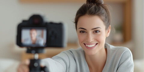 A beautiful woman is smiling and recording her video content on the camera, holding it in front of herself with one hand while sitting at home. 