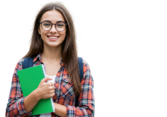 Smiling young woman student with glasses holding a notebook isolated on transparent background
