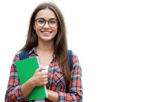 Smiling young woman student with glasses holding a notebook isolated on transparent background