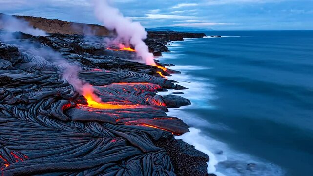 Majestic volcanic eruption at coastline, with flowing lava meeting ocean waves at dusk