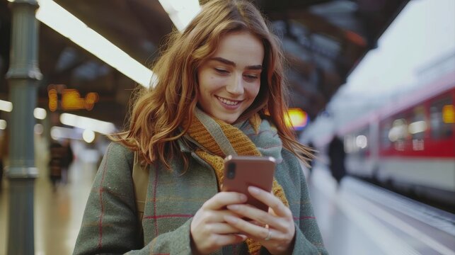 Smiling young woman using smart phone at train station - Powered by Adobe