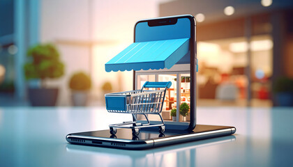 A modern smartphone displays a vibrant online storefront with a miniature shopping cart on its screen.