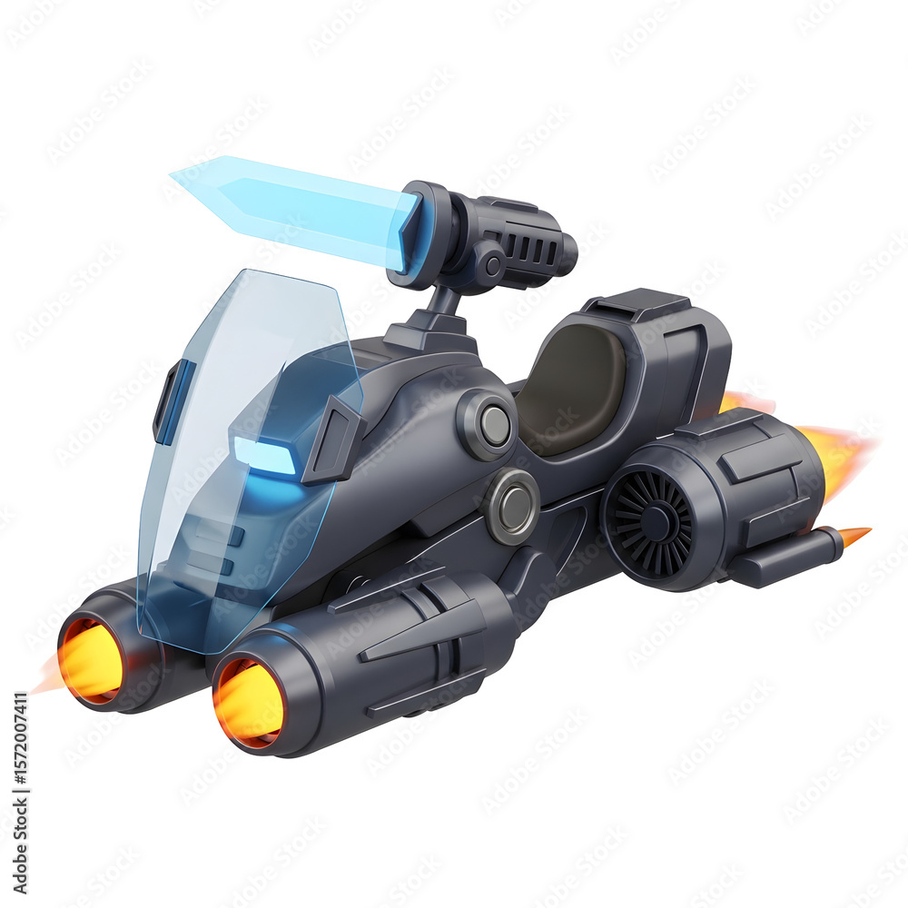 Poster futuristic vehicle isolated with a transparent background featuring a sleek grey design with blue an