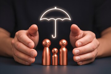 family protection insurance safety hands support umbrella financial security caring coverage parents child smile figures metal people care concept health planning secure future wellbeing protect