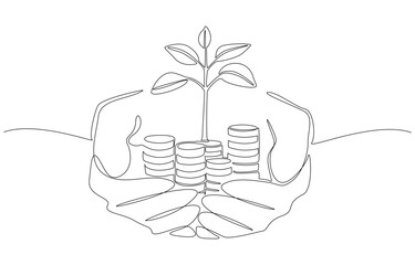 Continuous one line drawing of hands holding stacks of coins with plant sprouting from the top, sustainable wealth building concept, single line art