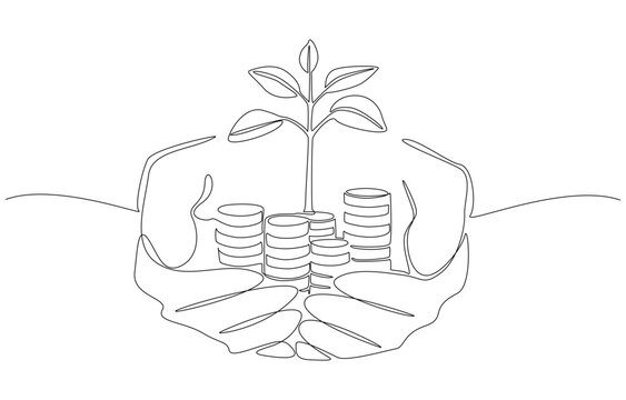 Continuous one line drawing of hands holding stacks of coins with plant sprouting from the top, sustainable wealth building concept, single line art