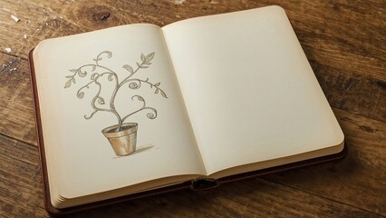 Hand-Drawn Plant Illustration: Creative Sketchbook Display on Brown Wood Background with Potted Plant and Art Supplies in Nature-Themed Workspace