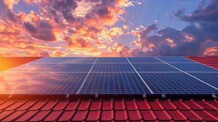 Photo collage of solar panels, photovoltaics on the red roof of a house and a beautiful sky with the setting sun. Alternative electricity source. Concept of sustainable resources