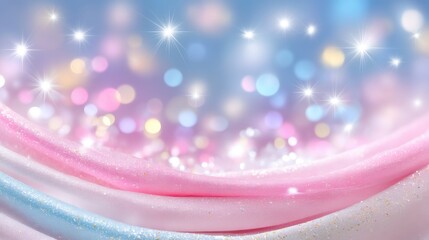 Soft pastel fabric draped with sparkling bokeh lights and twinkling stars, creating a dreamy and magical atmosphere.