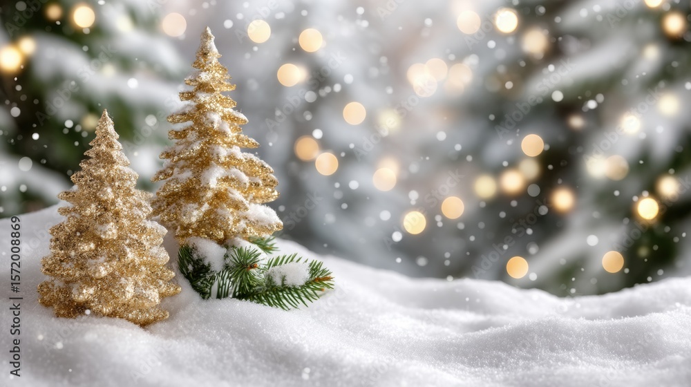 Canvas Prints two golden christmas trees covered in snow with blurred festive lights in the background create a ma