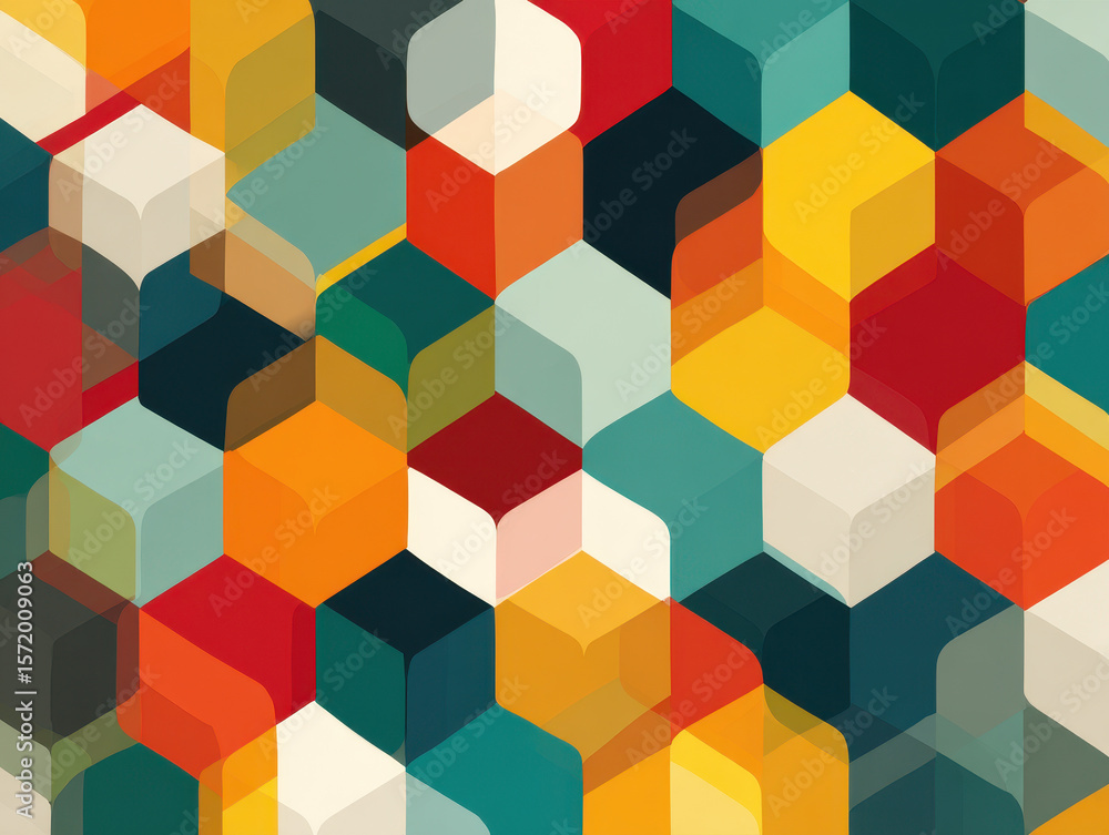Poster retro geometric background with overlapping cubes, vibrant abstract pattern