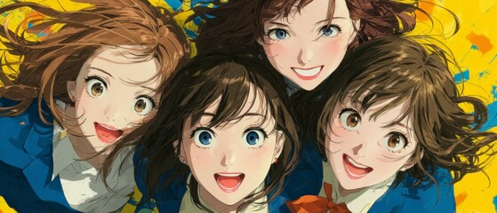 Obraz premium Four young women with expressive faces and varied hairstyles smiling joyfully against a vibrant yellow background
