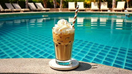 Refreshing iced coffee with whipped cream beside a serene pool on a sunny day