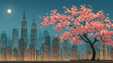 A cityscape with illuminated skyscrapers under a full moon and a blooming cherry blossom tree